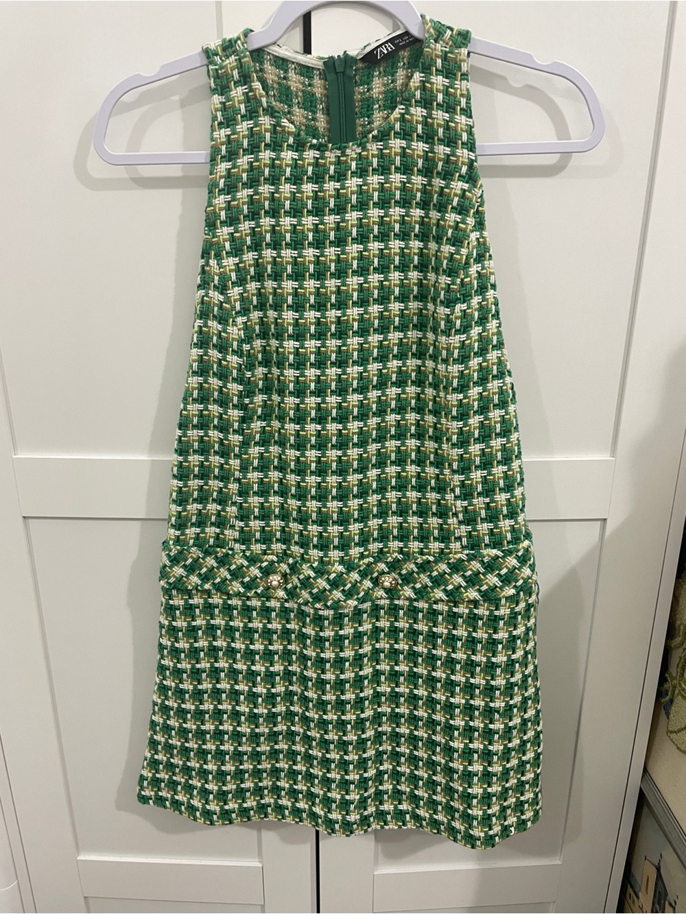 Zara Green and Cream Tweed Sleeveless Shift Dress Sz L